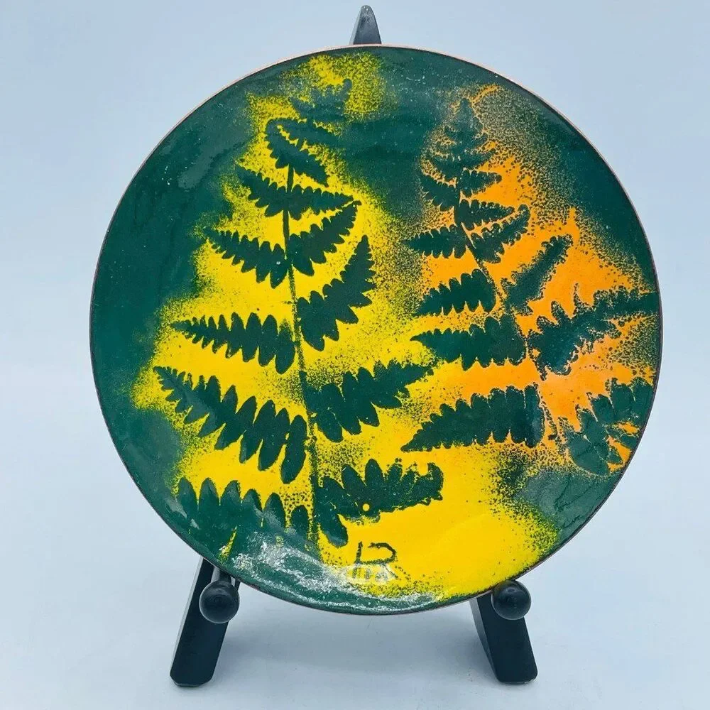 Vintage Hand Painted Enamel Cooper Plate Fern & Fall Colors Rothrock MCM